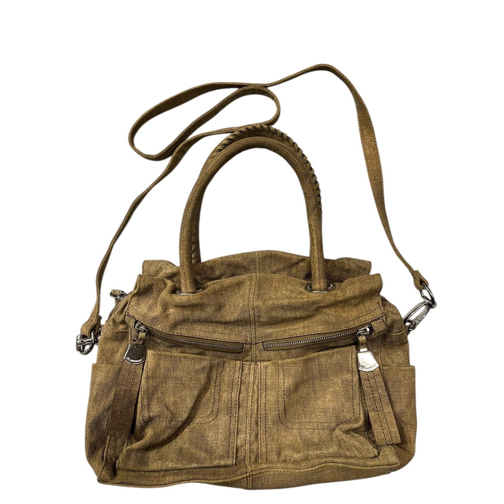 Makowsky Designer Tan Canvas‎ Leather Trim Satchel Shoulder Bag Convertible